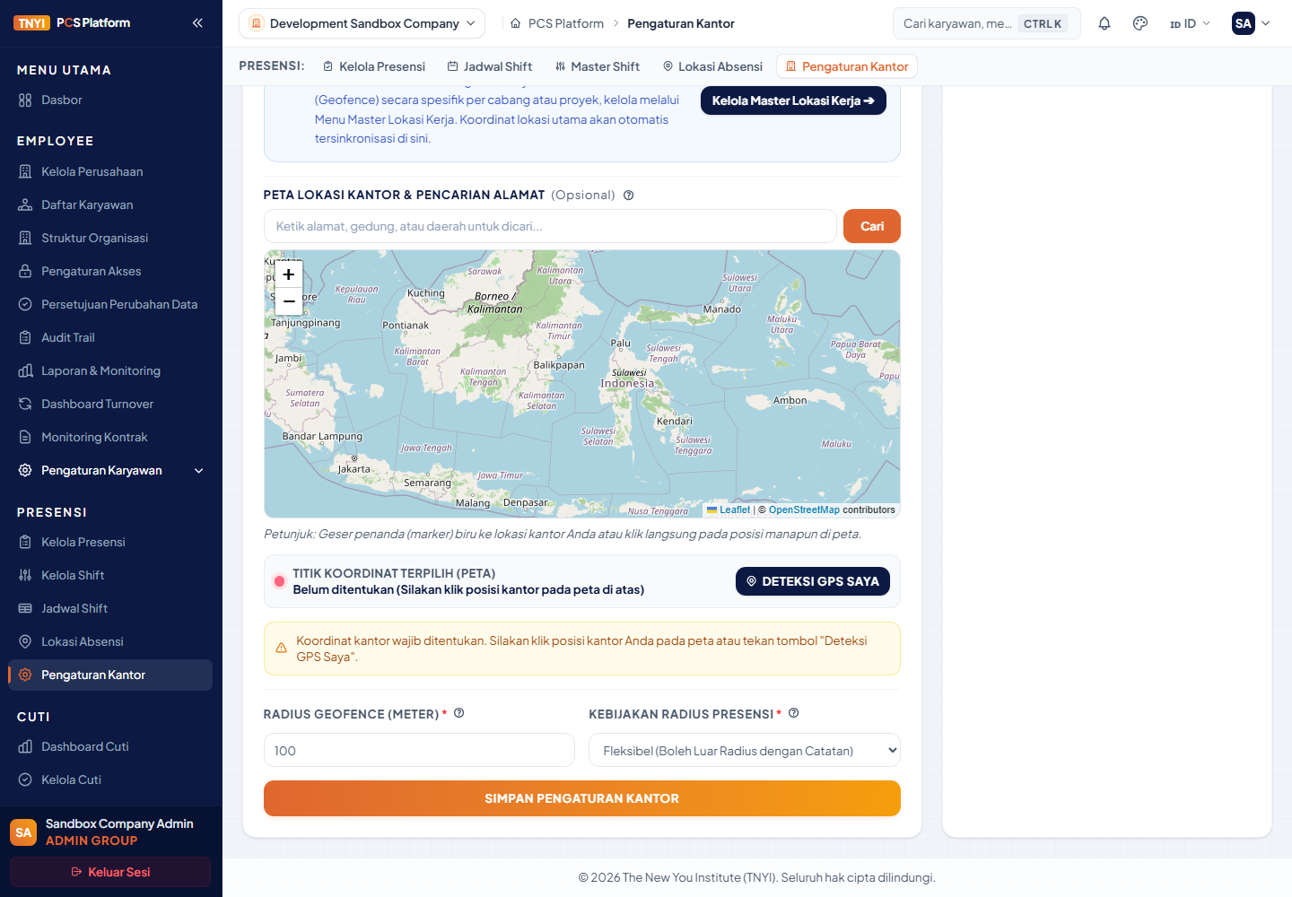 Peta lokasi kantor dan pengaturan radius geofence