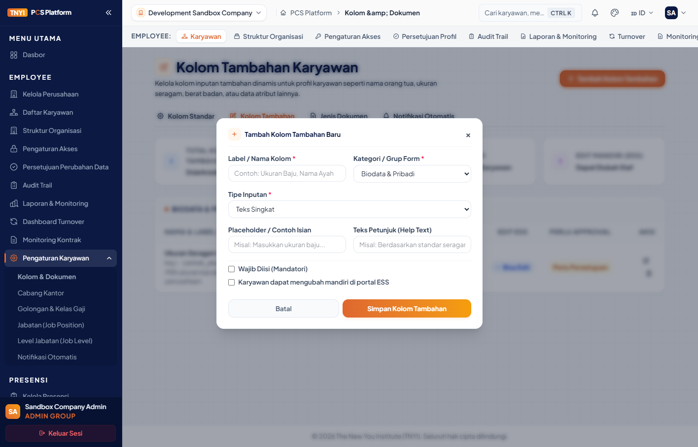 Form Tambah Kolom Tambahan Baru dengan kategori, tipe input, placeholder, dan pengaturan ESS