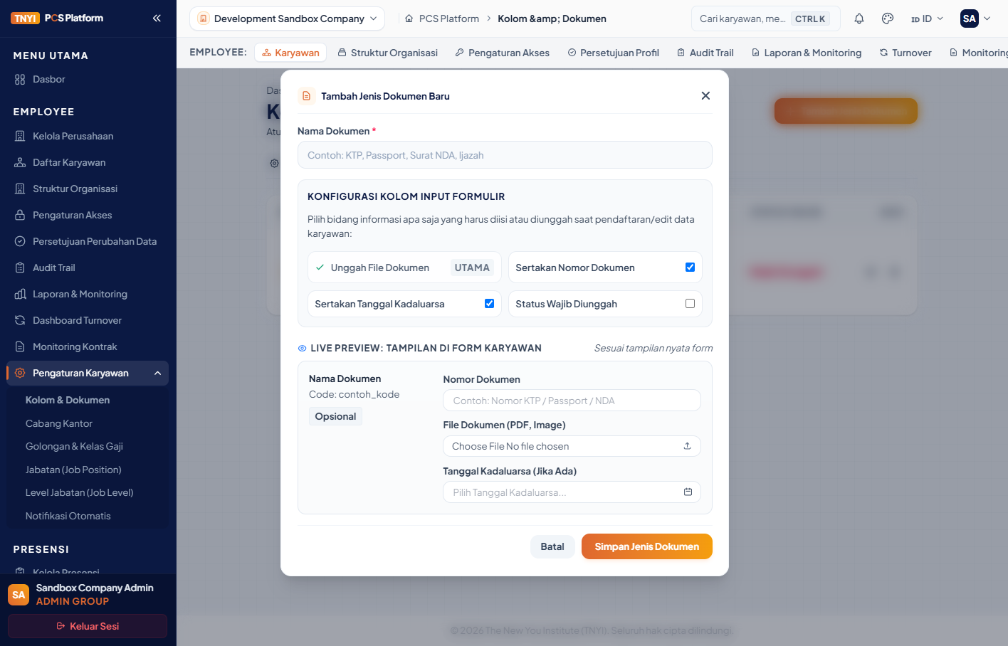 Form Tambah Jenis Dokumen dengan pilihan nomor, tanggal kadaluarsa, status wajib, dan Live Preview
