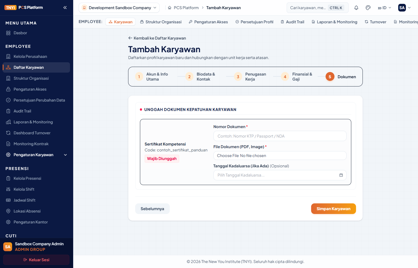Tahap Dokumen pada form Tambah Karyawan dengan input Sertifikat Kompetensi