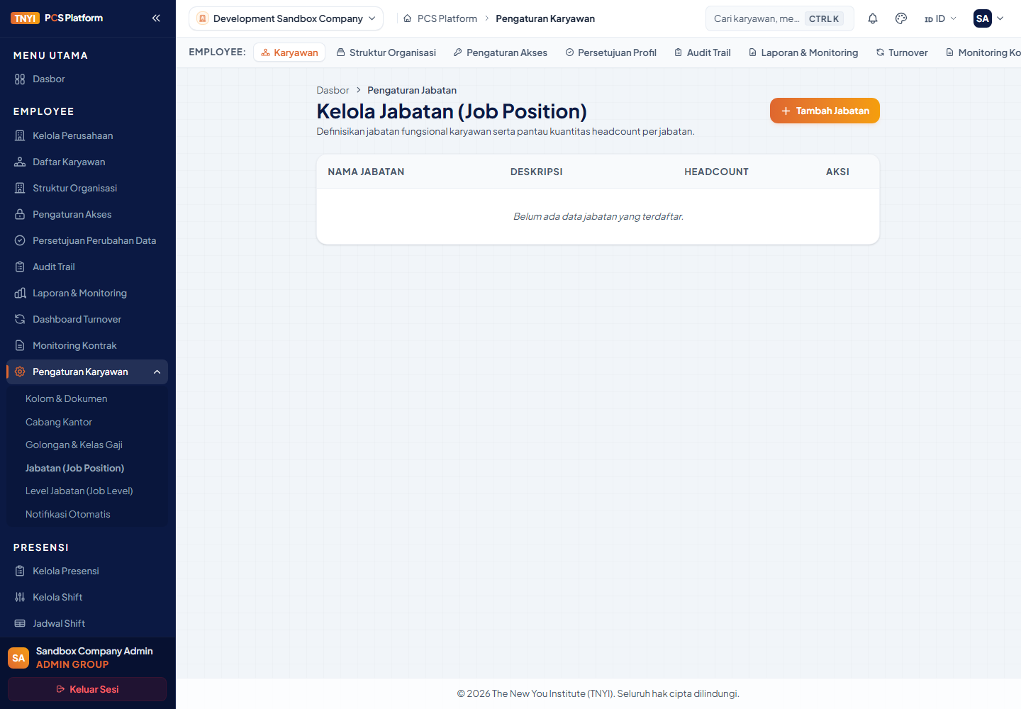 Halaman Kelola Jabatan dengan tombol Tambah Jabatan