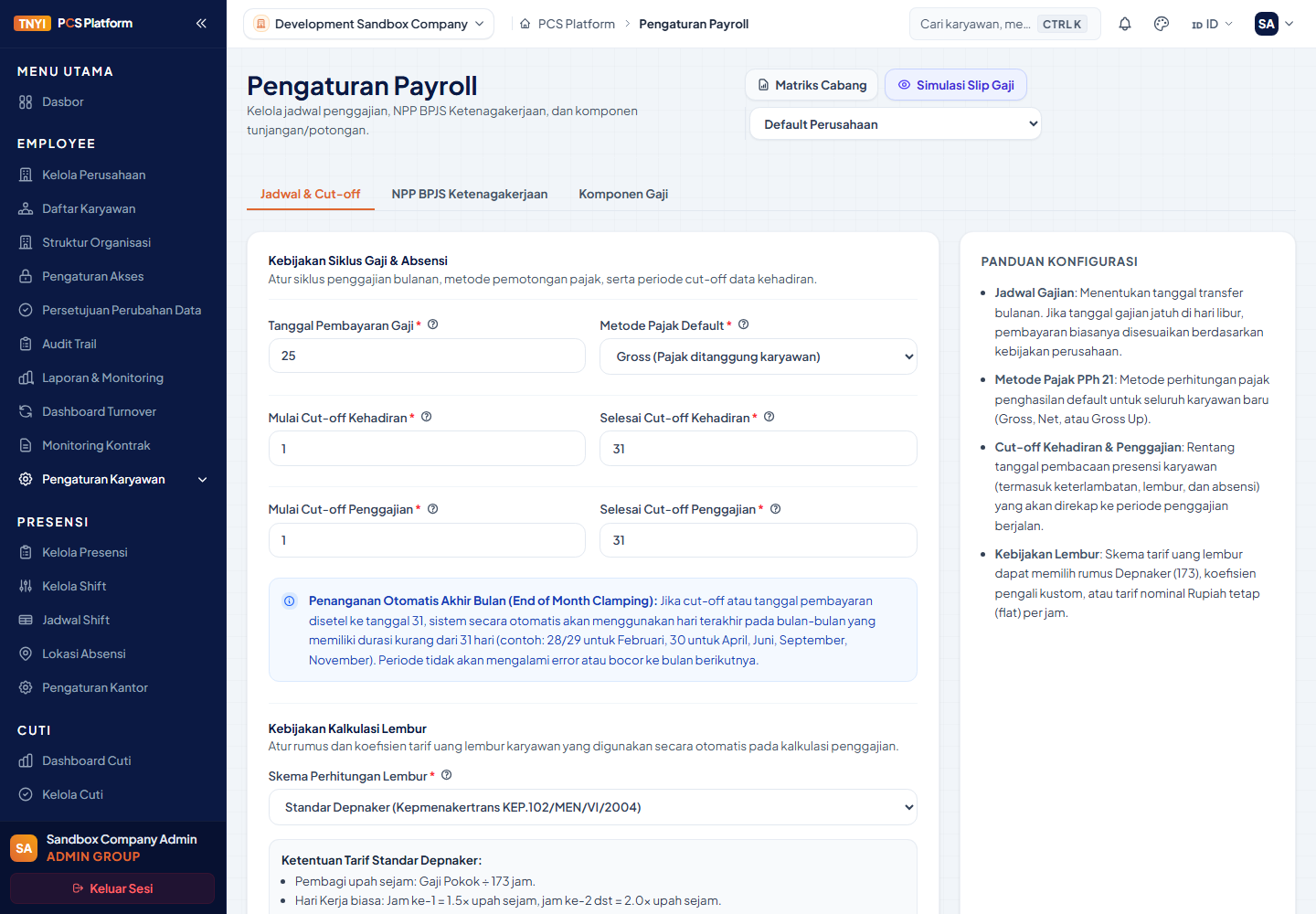 Halaman Pengaturan Payroll dengan jadwal pembayaran dan cut-off