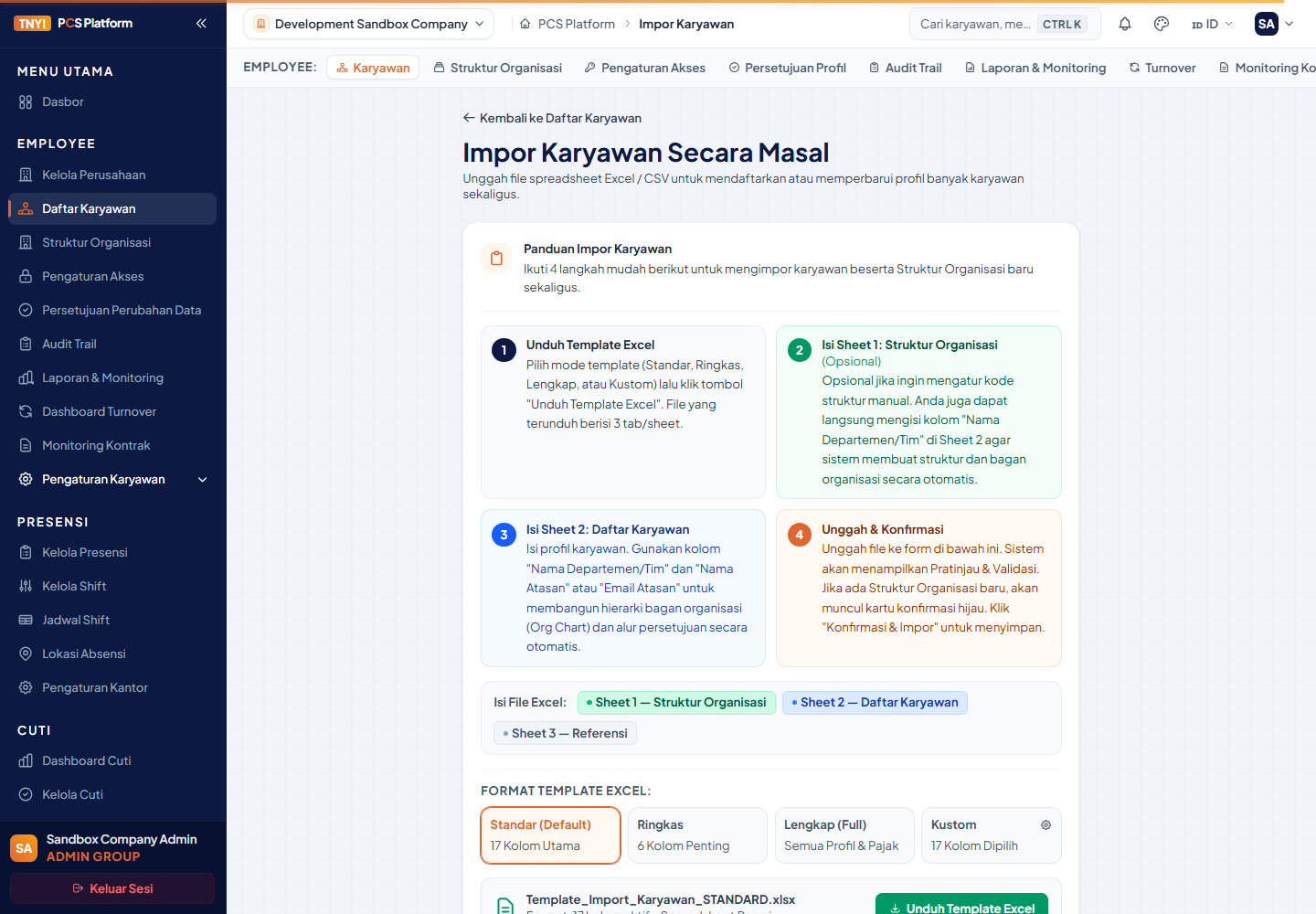 Halaman Impor Karyawan Secara Masal dengan pilihan format template
