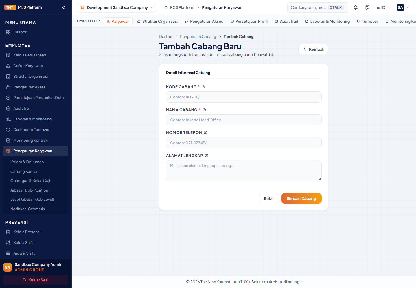 Form Tambah Cabang dengan pilihan perusahaan induk dan data cabang