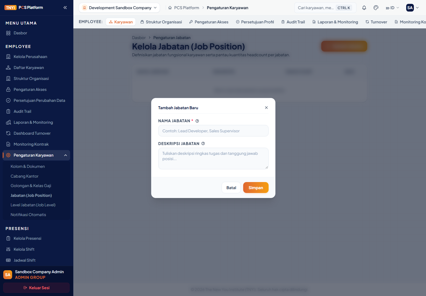 Form Tambah Jabatan Baru dengan kolom nama dan deskripsi jabatan